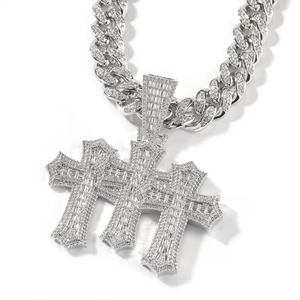Iced out triple cross pendant with zircon Cuban link chain in hip hop jewelry style