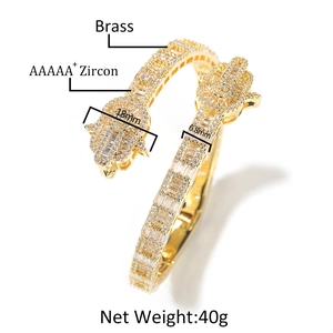 Iced out Hamsa Hand open bangle in gold-plated brass with micro-paved AAAAA+ cubic zirconia