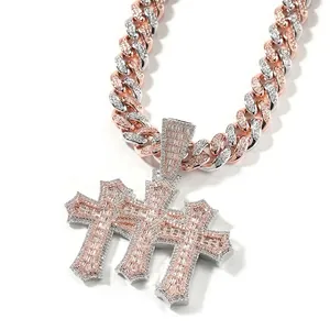Hip Hop Iced Out Triple Cross Pendant Necklace For Men Women Copper Zirconia Jewelry With 12mm Cuban Link Chain Set