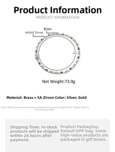 Detailed spec view of 10mm wide brass chain necklace with 5A colorful zircon stones