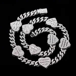 Hip Hop Cuban Link Chain Heart Necklace Bracelet Copper Zirconia Iced Out Pendant Men Women Trendy Punk Jewelry Gold Silver
