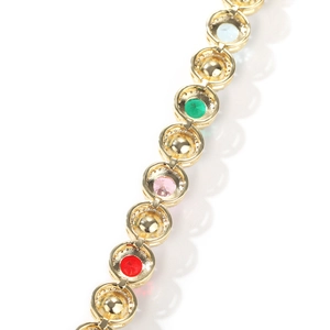 Colorful gemstone bracelet in gold finish with vibrant round cut stones and textured settings