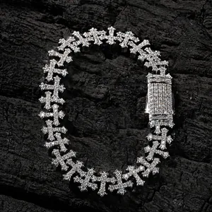 Hip Hop Iced Out Cross Link Bracelet For Men Women Brass Zirconia Inlaid Gold Silver Plated Gothic Punk Jewelry Gift