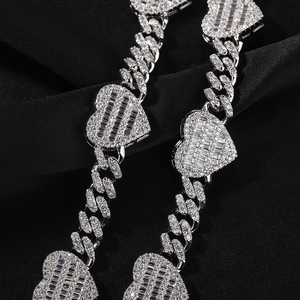 Hip-hop silver cuban link chain with baguette-cut heart zircon on black silk