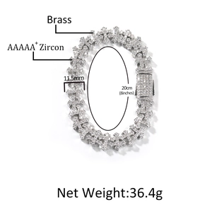 Hip hop 11.5mm silver cross link bracelet with AAAAA+ cubic zirconia for men and women