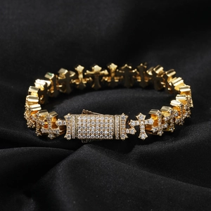 Hip hop gold plated 11.5mm cross link bracelet with shimmering cubic zirconia stones