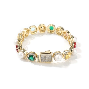 Luxurious gold bracelet featuring colorful gemstones and white pearls with a zircon clasp