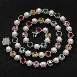 Hip Hop Brass Multi Color Zircon Artificial Pearl Necklace Bracelet For Men Women Colorful CZ Geometric Chain Iced Out Jewelry