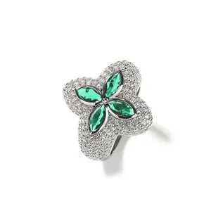 Luxus Vierblättriges Kleeblatt Zirkonia Ring Kupfer Pavé Blume Ring Für Damen Hochwertige Volle Bohrer Floral Design Modeschmuck