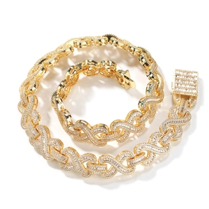 Goldenes Hip Hop Infinity Wellenkette Halskette und Armband Set mit glänzenden Zirkonia