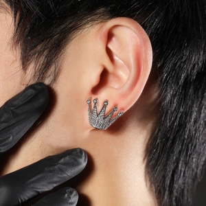 Boucles d'oreilles couronne hip-hop en argent pour hommes avec diamants micro-sertis