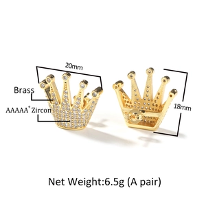 Boucles d'oreilles couronne hip hop pour hommes en laiton doré avec zircons AAAAA+ blancs