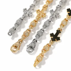 Hip Hop Kupfer Kreuz Anhänger Halskette Für Herren Iced Out Strass Bling Kugelkette Gold Silber Farbe Mode Schmuck