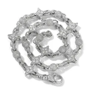 Collana da Uomo Hiphop in Rame e Zirconia con Catena a Sfere e Stelle Placcata Oro Argento Iced Out Gioielli