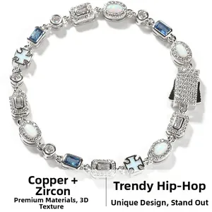 Close-up of 6mm blue zircon and opal bracelet with copper cross details in hip hop style