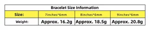 Size chart showing 6mm blue opal bracelet dimensions in 7, 8, and 9 inches with weight specs