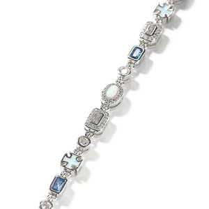 Elegant 6mm blue gemstone bracelet with silver metal chain and opal cross charms