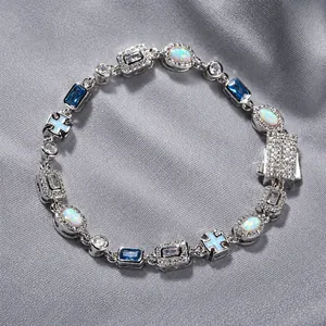 Luxury Brass Hip Hop Cross Bracelet Necklace With Blue Zirconia White Opal Geometric Mixed Links For Women Men Jewelry Gift