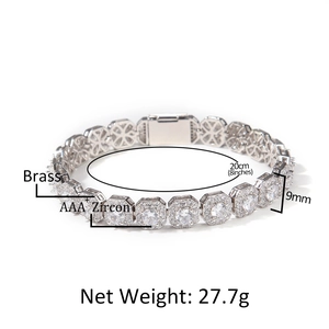 Bracciale hip-hop con maglie quadrate in zircone 9mm in ottone argentato per uomo e donna