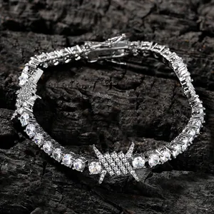 Hip Hop Barbed Wire Tennis Bracelet Iced Out AAAAA Zircon Brass Copper Link Chain Jewelry For Men Women Party