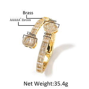 Brass clover open bangle with AAAAA+ zircon micro-pave in gold finish, 17mm motif