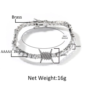4mm Hip hop barbed wire tennis bracelet in brass with AAAAA+ cubic zirconia stones