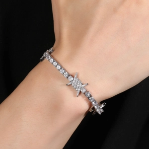 Hip hop barbed wire tennis bracelet with silver plating and white cubic zirconia