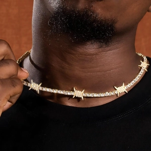 Hip hop gold necklace with tennis chain zircon stones and barbed wire thorn accents
