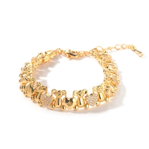Golden bracelet featuring pavé heart charms and 11mm micro-set zircon bears on a white background