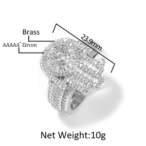 Bague Hamsa hip hop pour homme avec zircons AAAAA et finition laiton argenté