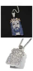 Dettagli del ciondolo Gesù hip-hop con zirconi blu e retro in maglia traforata