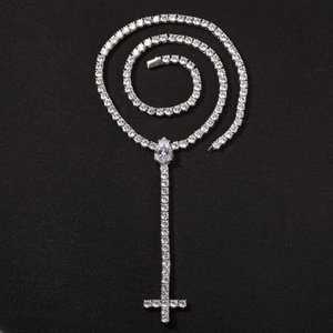 Hip hop silver cross necklace with water drop zircon and spring buckle jewelry