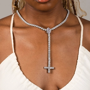 Icy 5mm tennis necklace with Y-shape drop water stone and cross pendant for women