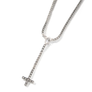 Hip hop silver Y-shaped tennis necklace with water drop stone and cross pendant