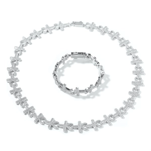 Detailansicht von iced out 15mm Silber Ankh Kreuz Halskette und Armband Set für Herren