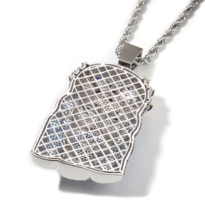 Pendente Gesù hip-hop argento con pietre blu e retro a rete su una catena a corda