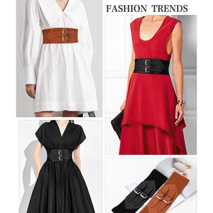 Detail of vintage double-buckle wide elastic waist belt for dresses and coats