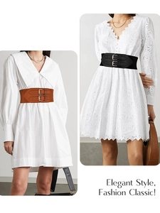 Dual buckle corset belt in black and brown styles paired with white dresses