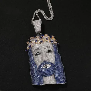 Collana con Pendente Testa di Gesù Uomo Hip Hop Zirconia Blu Bianca Rame Intarsiato Catena Corda Argento Gioielli