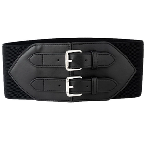 Women's vintage wide elastic waist belt with double silver buckles for coats and dresses
