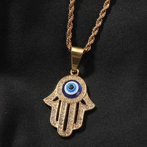 Collana con ciondolo Mano di Fatima dorata con Evil Eye e strass scintillanti