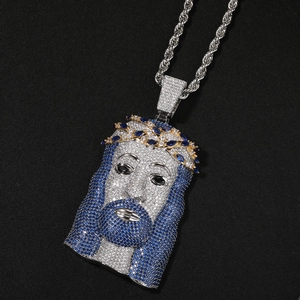 Collana hip-hop classica con ciondolo Gesù dai capelli blu e corona di spine dorata