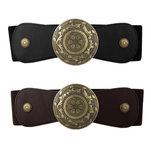 Women Retro Wide Elastic Corset Belt With Large Round Carved Metal Buckle Vintage Artificial Leather Waistband For Dresses