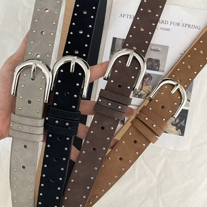 Women Fashion Suede Texture PU Belt Double Row Rivet Decoration Alloy Pin Buckle Retro Waist Accessory For Jeans Dresses