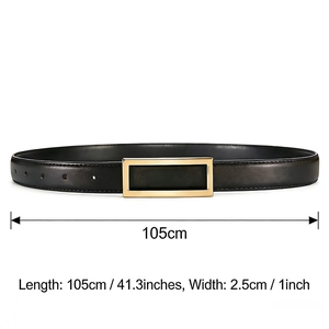 Classic black leather belt with golden rectangle buckle measuring 105cm long and 2.5cm wide
