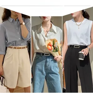 Three style variants of elegant leather belts with square metal buckles on various outfits