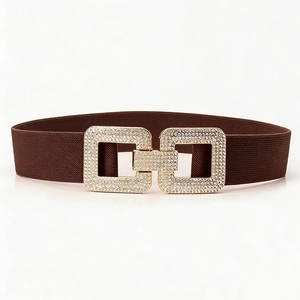 Ceinture élastique marron pour femme avec boucle dorée ornée de strass brillants