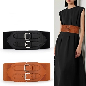 Women Vintage Wide Corset Belt Elastic Waistband With Double Alloy Pin Buckles PU Leather Waist Cincher For Dresses Coat