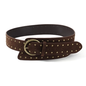Ceinture large vintage en daim marron avec rivets dorés antiques et boucle ronde