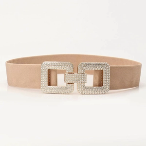 Ceinture élastique large pour femme en kaki avec boucle carrée ornée de strass brillants